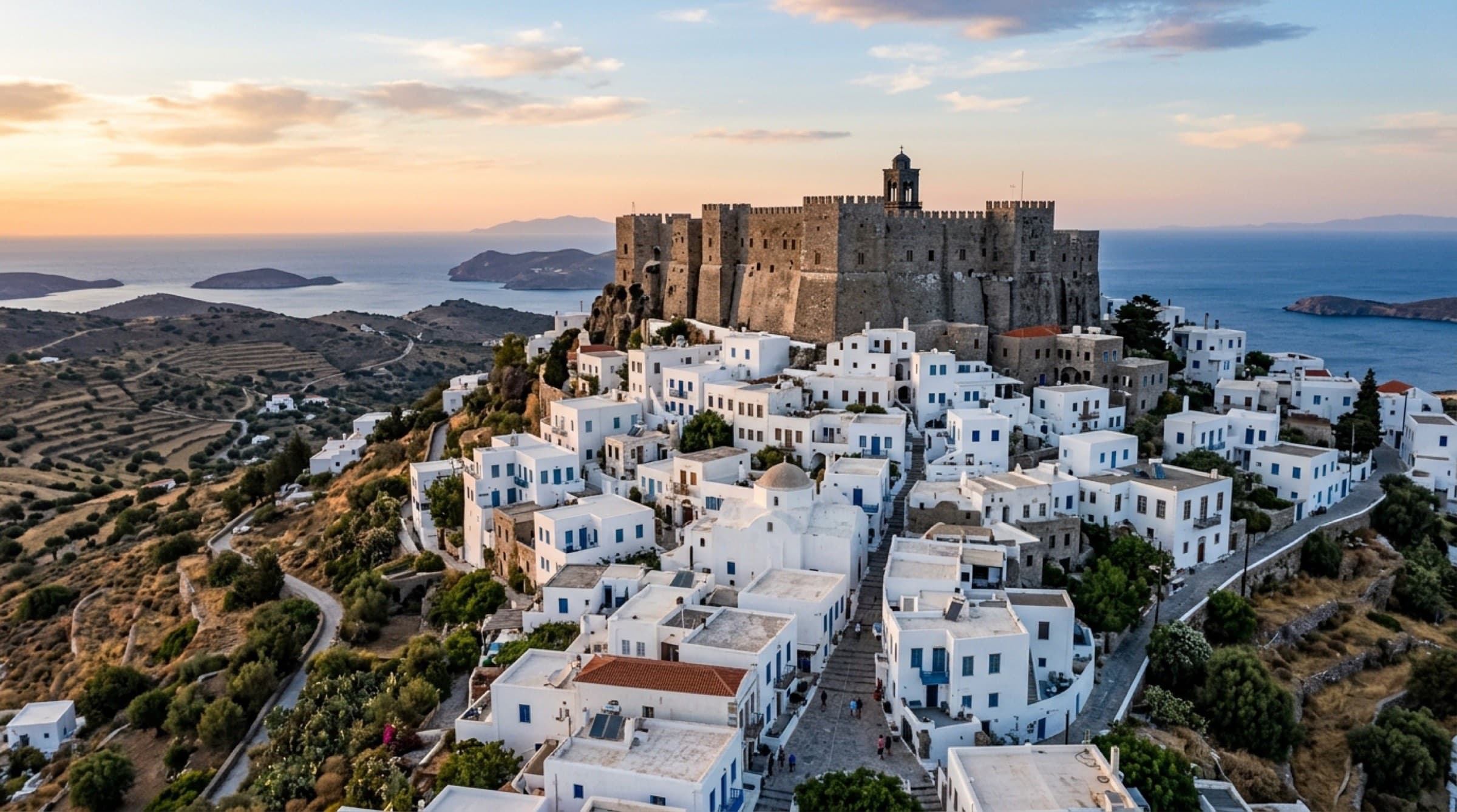 Chora hilltop with monastery above whitewashed houses