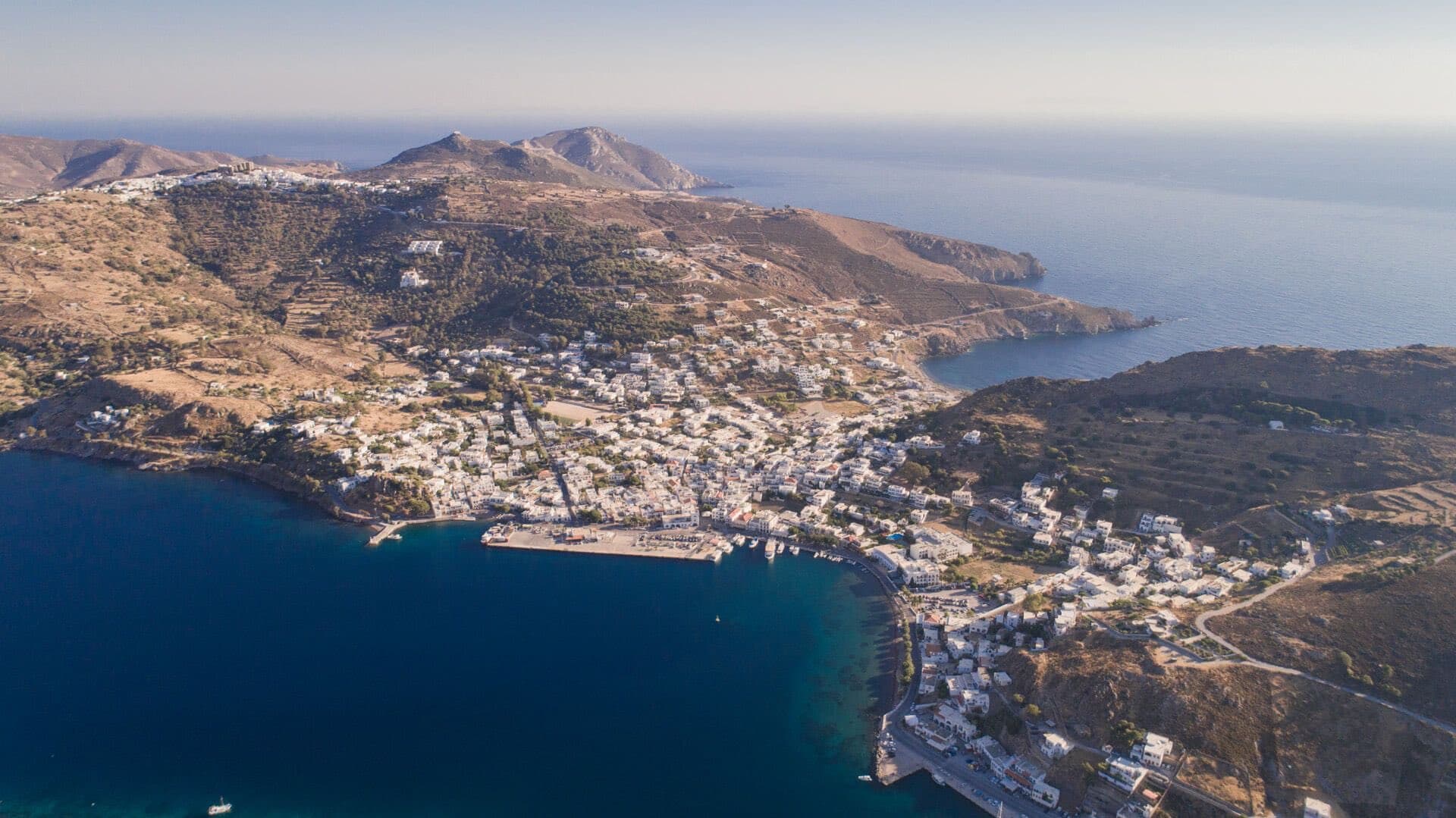 Skala from the air — harbour, bay and town