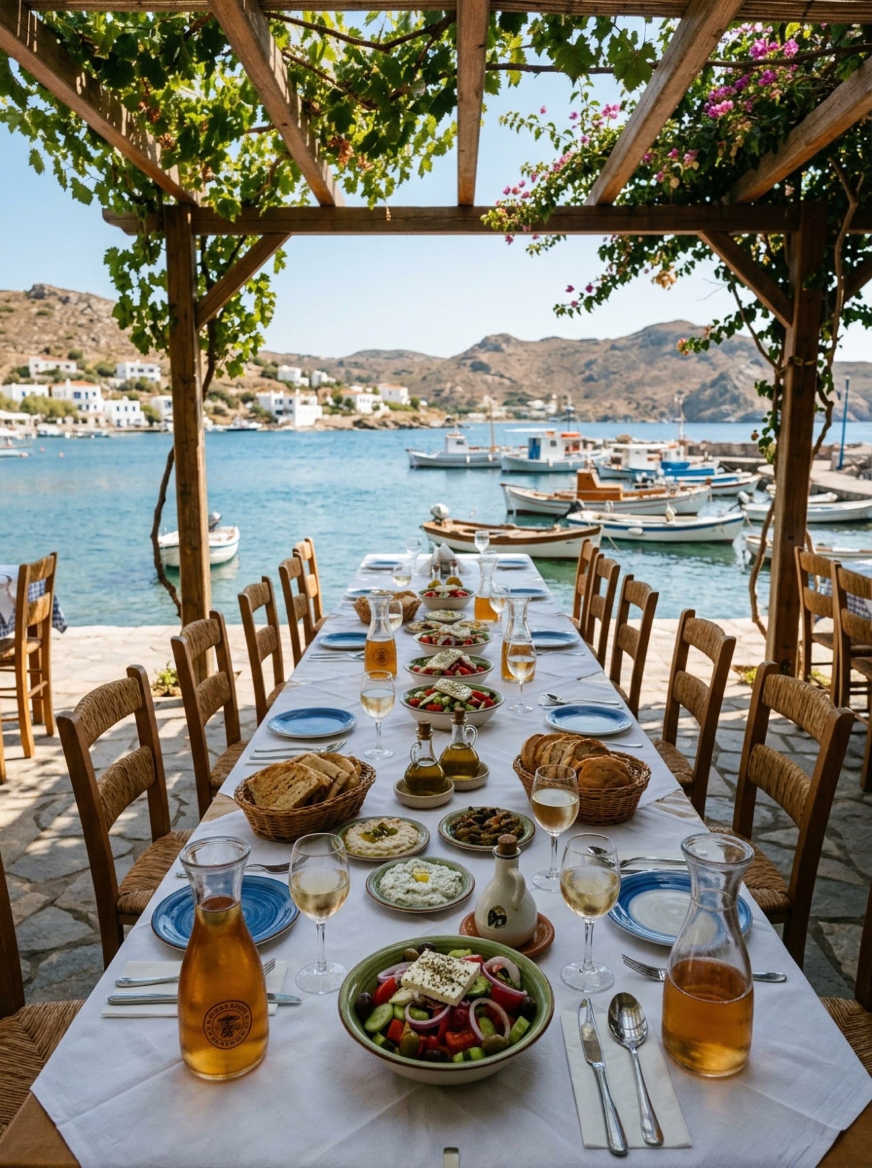 Long lunch by the water, Grikos Bay behind