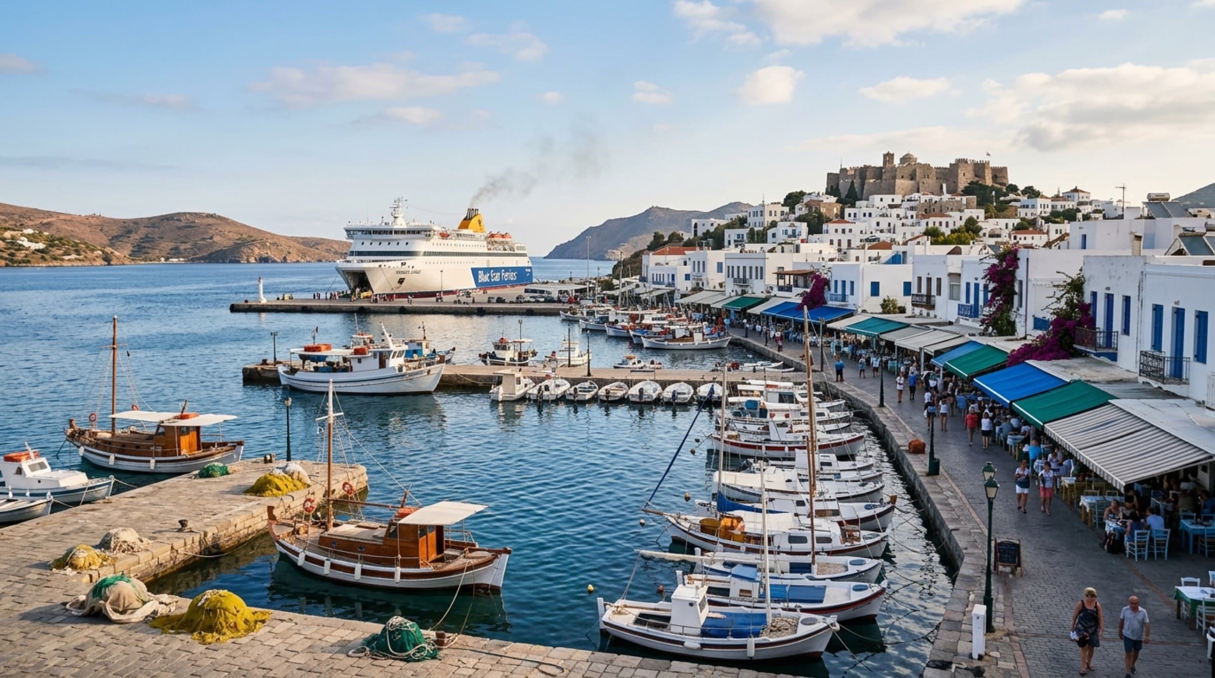 Skala — harbour front, whitewashed lanes