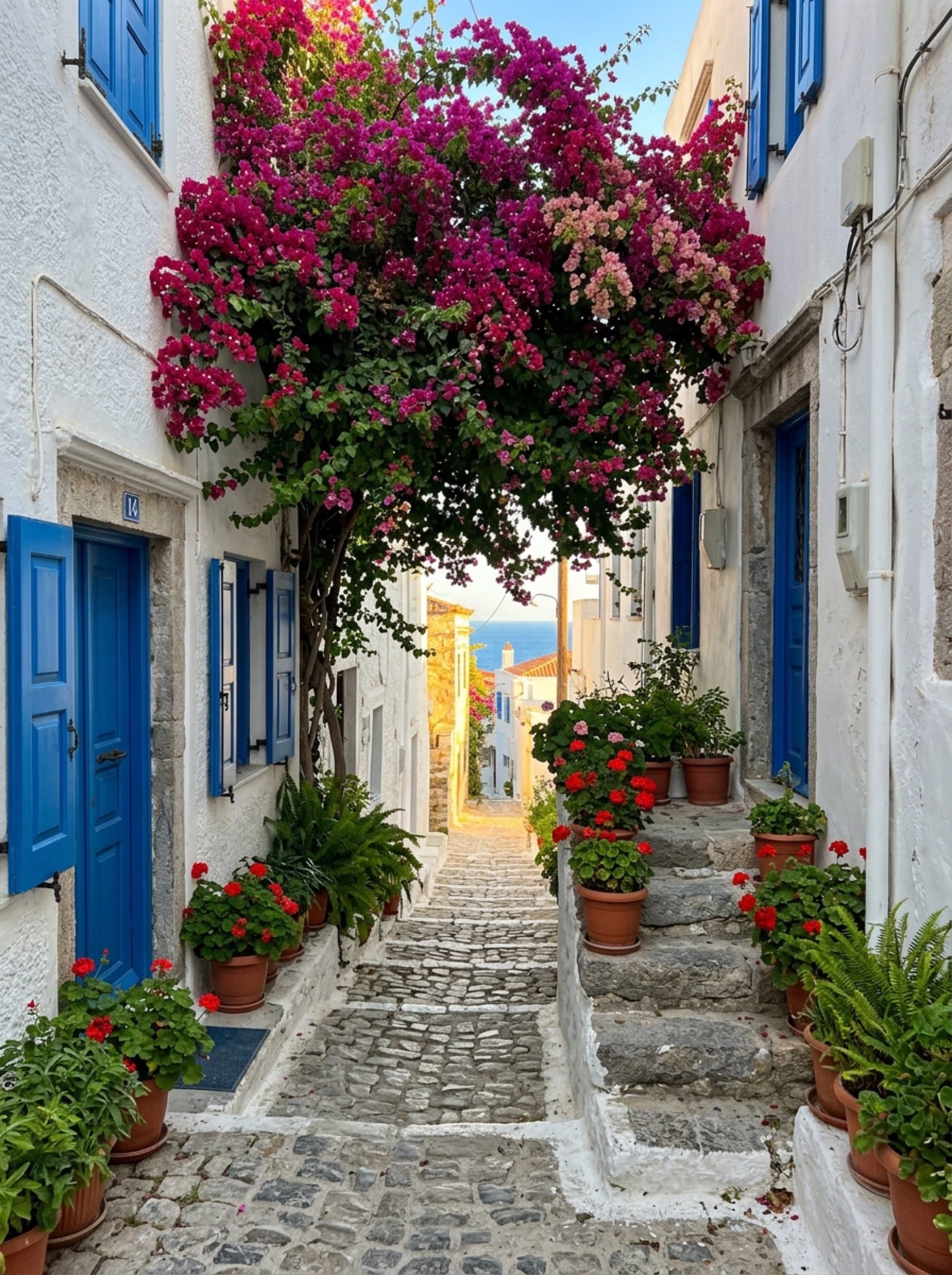 A Skala lane — bougainvillea, blue shutters, morning shade
